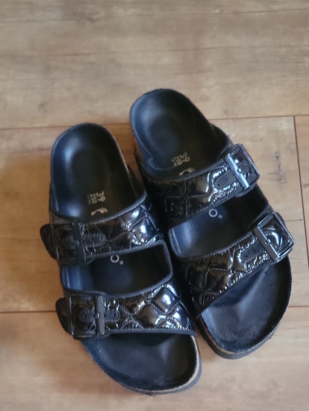 Papillio Ladies Black Quilted Patent Slide Sandals with Cork Trim - Picture 7 of 9